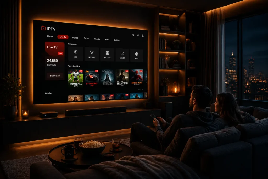 Pärchen schaut günstiges IPTV in Deutschland auf einem Smart-TV